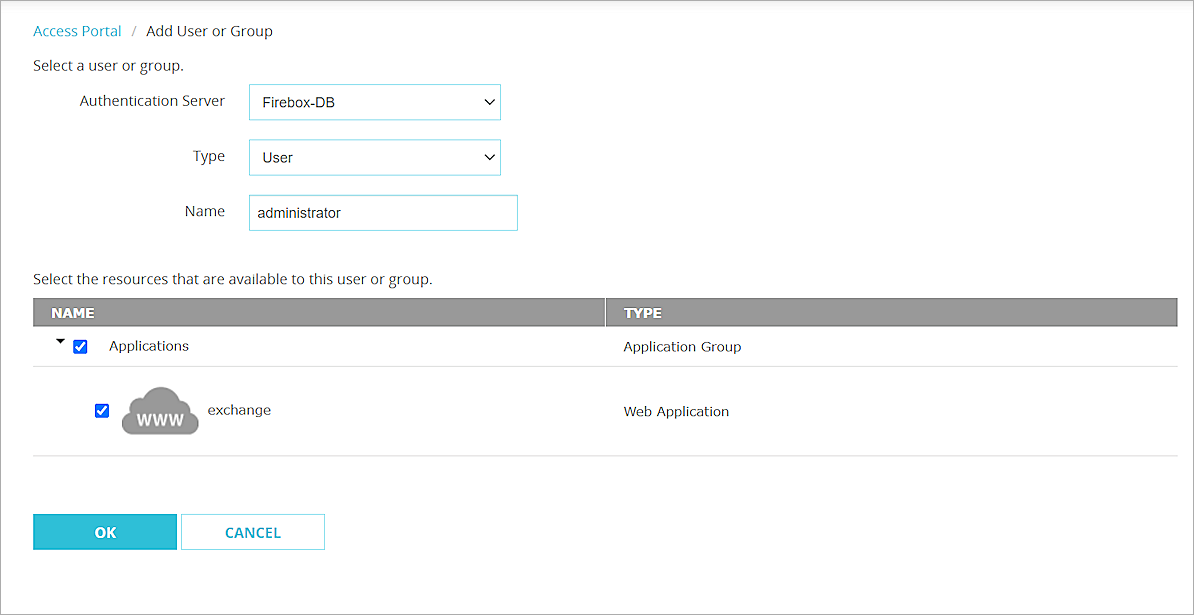 Screen shot of the Access Portal user or group settings